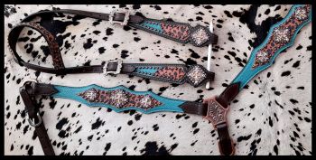 Showman Cheetah overlay with teal accent Leather One Ear headstall and breastcollar set #2
